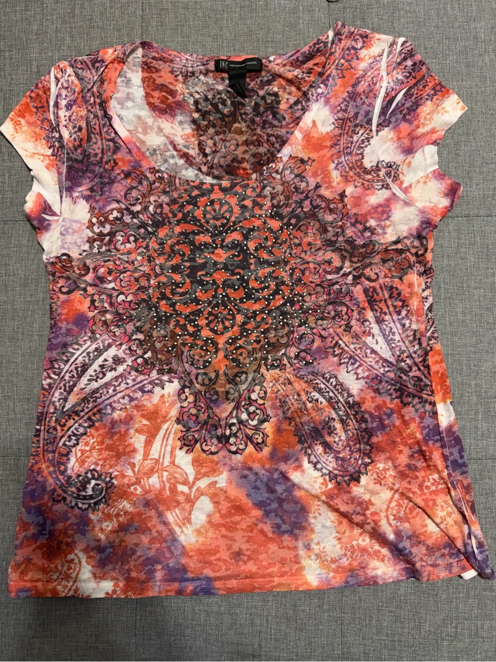 INC International Concepts Orange and Purple Medallion Short-Sleeve Tee